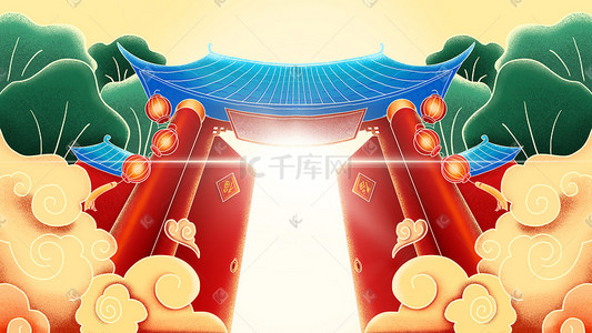 双十二插画图片_中国风新年春节国潮手绘肌理中式大门618