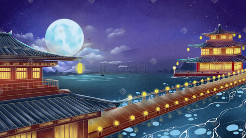 中国风大气场景水上楼阁月色手绘插画