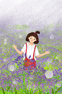 小紫花花环插画图片_花季紫色花海中玩耍