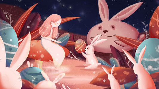复活节兔子彩蛋少女粉色卡通扁平插画