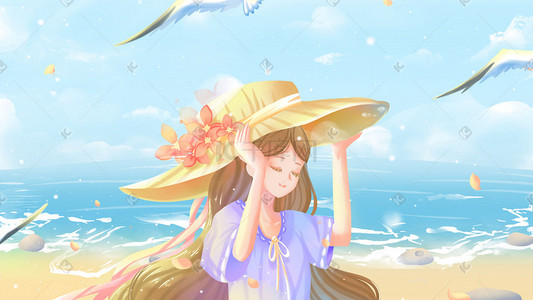 卡通美女插画图片_蓝色黄色唯美卡通夏季海边度假休闲玩乐配图