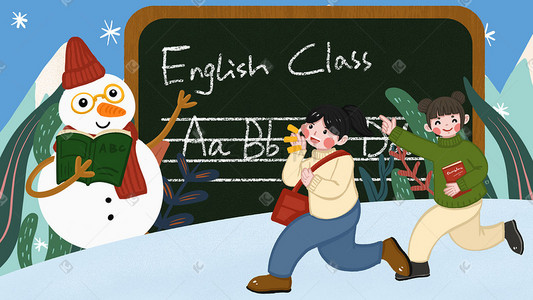 冬季补习插画图片_寒假补习奔跑的孩子和雪人老师