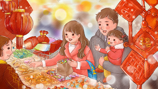 年货灯笼插画图片_春节一家人买年货场景促销购物618