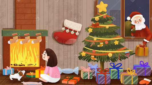 平安夜圣诞夜插画图片_圣诞节主题围炉上烤火等圣诞礼物圣诞