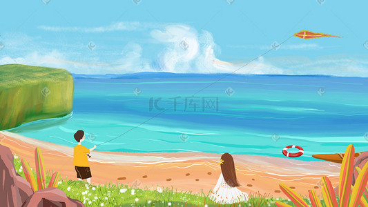 夏日海边放风筝的情侣