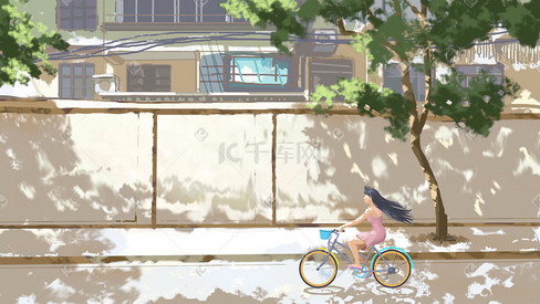 炎热夏天亮色街头骑单车女孩