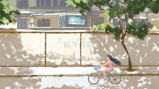 炎热插画图片_炎热夏天亮色街头骑单车女孩