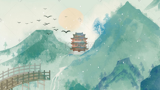 水墨手掌插画图片_中国风水墨背景山水