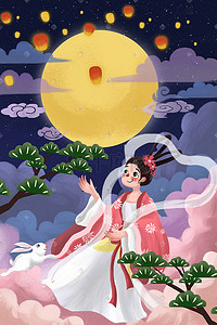 中秋节月饼兔子嫦娥传统节日月亮小清新中秋