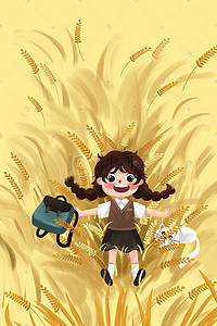 秋季天猫海报插画图片_秋天开学季学习儿童女孩书包猫插画