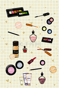 化妆品插画图片_彩妆化妆品手账素材小元素平铺背景