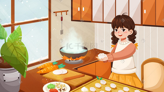 饺子插画图片_节气冬至习俗女孩包饺子厨房卡通背景
