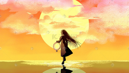黄色天空云夕阳太阳女孩卡通手绘背景