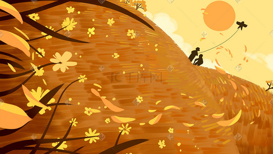 九月九插画图片_暖色系卡通手绘风重阳节父子配图