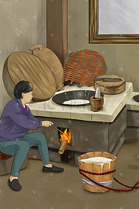 农村做饭插画图片_90年代烧柴锅妈妈做饭