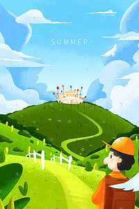 八月夏天插画图片_绿色肌理八月你好树林后的城堡