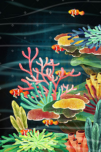 夏天五彩大海海洋海底海珊瑚鱼插画背景