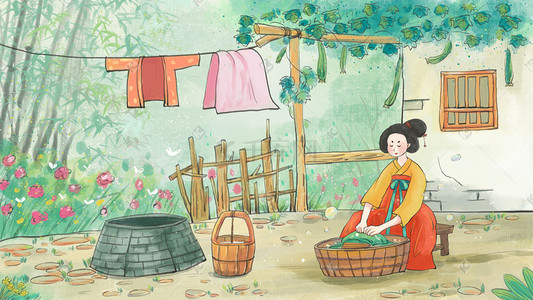 桌上的衣服插画图片_古风主题之古代女子洗衣服场景