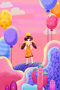 六一儿童节粉插画图片_粉色系卡通手绘风儿童节女孩气球配图六一