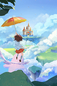 梦幻城堡插画图片_女孩天空云伞草地梦幻城堡风景背景
