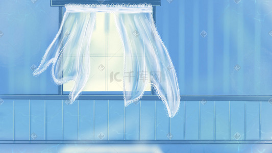 斜侧墙壁插画图片_蓝色系治愈唯美小清新窗户窗帘室内背景