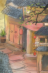 国风古代建筑插画图片_中国风古风主题之水墨建筑场景