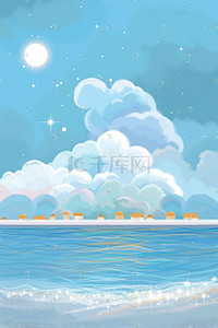 蓝天大海蓝天插画图片_天空蓝天云海海洋海浪大海唯美背景