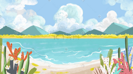 海边白云插画图片_夏日海边风景背景