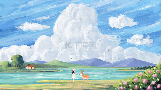 旅行夏天插画图片_夏天风景天空乡村河蓝天云插画背景