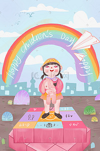 糖果色儿童节卡通可爱女孩抱玩具看彩虹配图六一