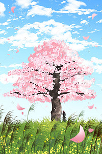 桃花节插画图片_桃花树下的长发少女