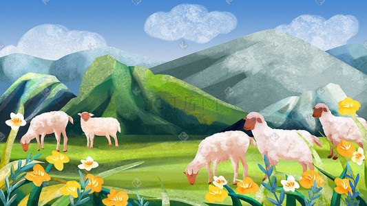白马草原插画图片_草原上的羊群风景