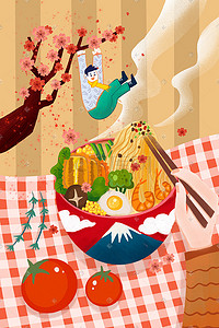 日本美食插画图片_日本美食虾仁拉面小人