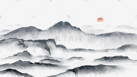 中国风水墨山河风景烟雾插画背景