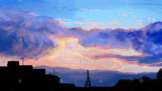 夕阳照射的天空云城市夜晚手绘插画背景