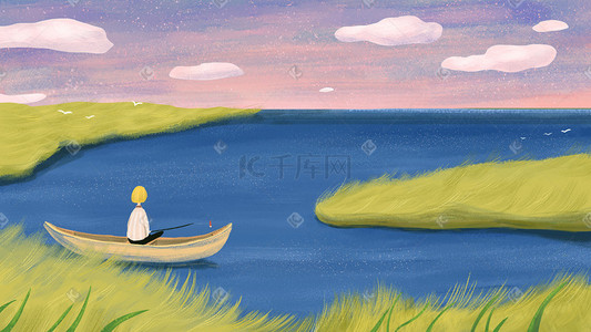 船上的门插画图片_傍晚在小船上钓鱼的金发少年