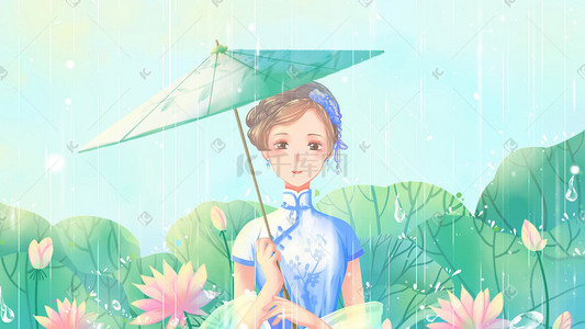 古风花伞插画图片_绿色唯美卡通夏季下雨小暑荷花旗袍少女配图