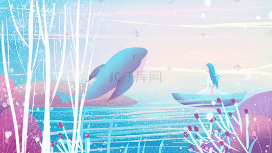 与鲸鱼插画图片_梦幻文艺女孩与鲸鱼插画