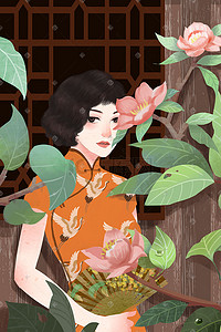 春天与花插画图片_38妇女节春困春天旗袍少女与花清新唯美治愈绿色民国