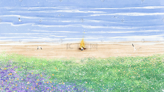 海边沙滩背景插画图片_夏天夏日情侣海边火堆海沙滩海浪草地背景