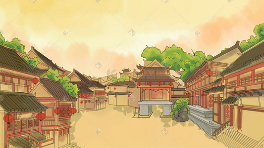 背景插画图片_中国风新中国风人物生活建筑背景