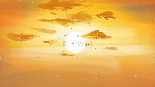 太阳能表插画图片_秋天夕阳治愈天空云太阳大雁背景