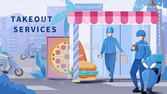服务icon插画图片_蓝色金融外卖服务外卖员取餐送餐科技