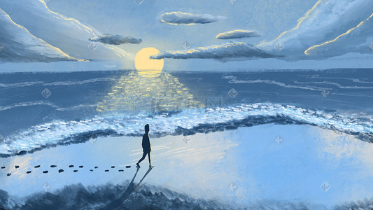 散步插画图片_蓝色油画手绘风月光下海边散步风景