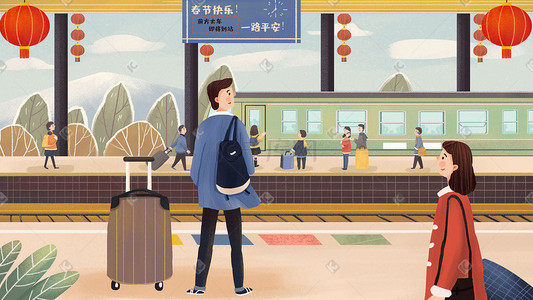火车侧面插画图片_新年春节春运火车站等待火车场景