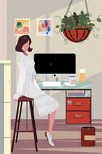 生活场景少女在家中休息原创扁平插画