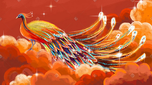 中国风图案中国风插画图片_国潮孔雀手绘云朵背景