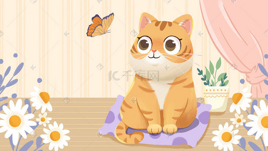 不规则橙色插画图片_橙色系唯美治愈小猫橘猫蝴蝶鲜花背景