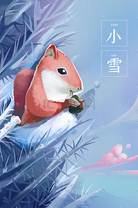 浅蓝插画图片_小雪后晴空下在松树上吃坚果的松鼠
