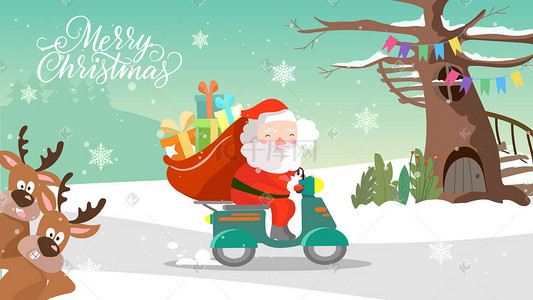 扁平摩托车插画图片_圣诞老人开摩托车扁平插画圣诞